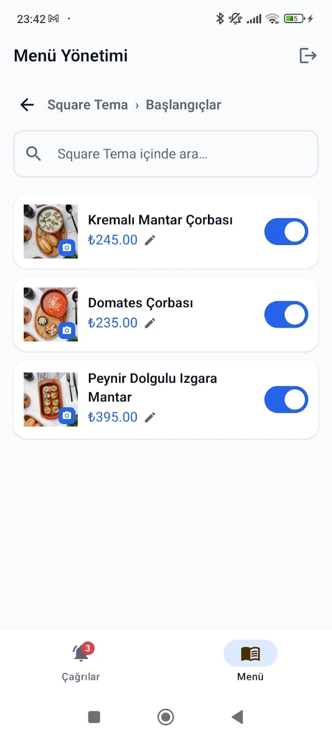 Mobile menu management: products within a category, price, and a sold-out on/off toggle