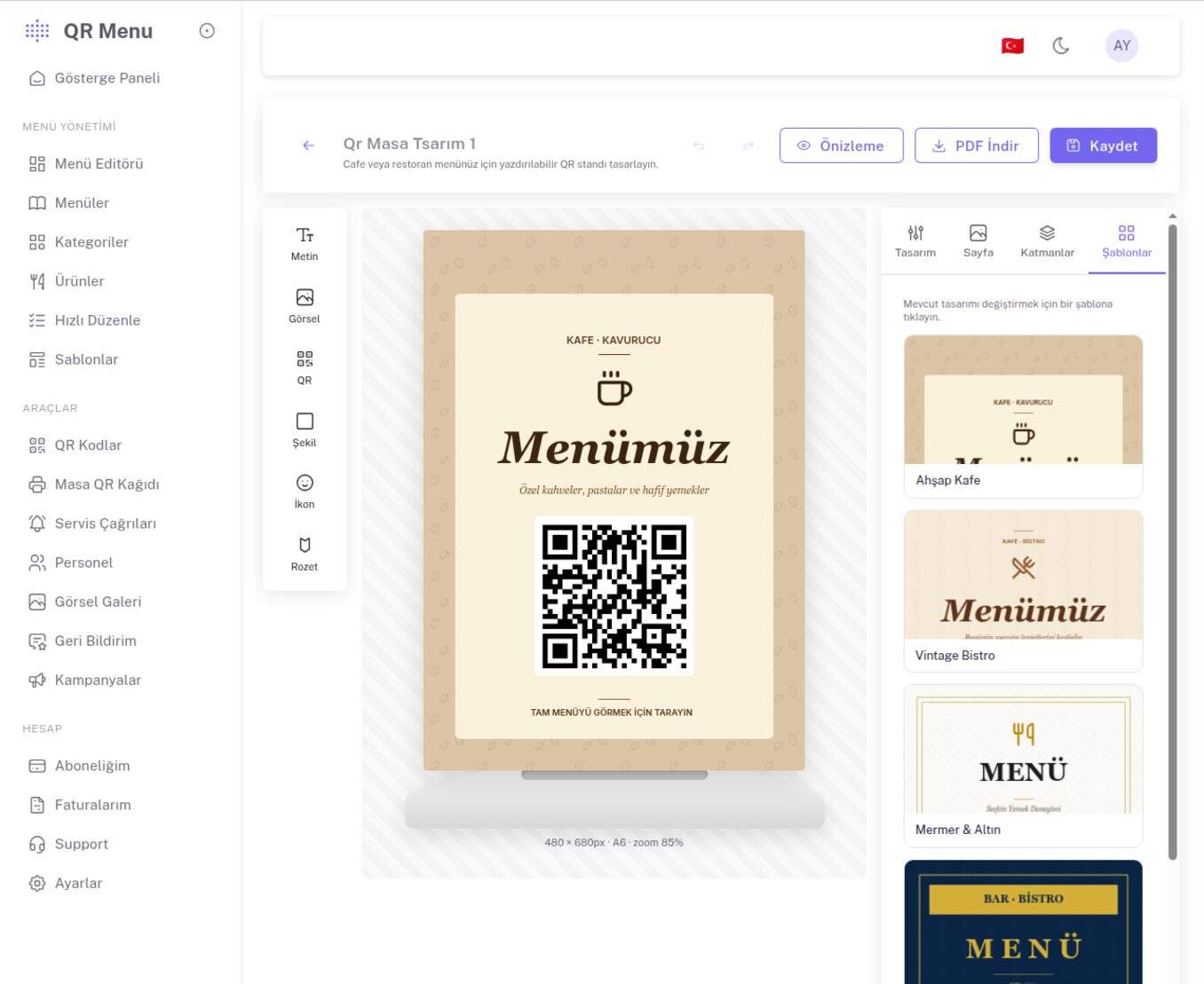 Masa QR Kağıdı Tasarımcısı ekranı — Ahşap Kafe şablonu, QR standı önizlemesi ve hazır şablonlar