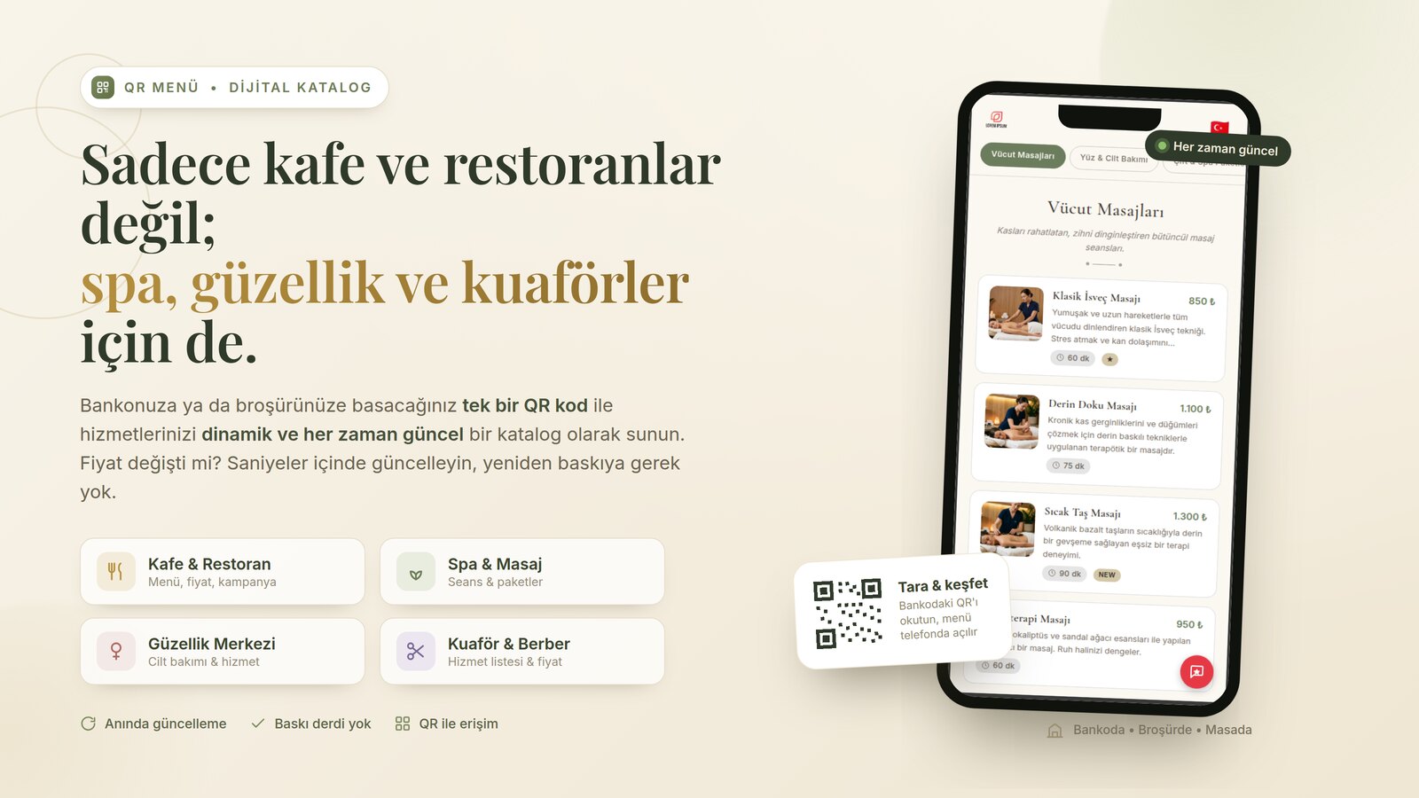 Spa ve masaj merkezi için QR menü örneği — vücut masajları kategorisi, süre ve fiyat bilgileriyle